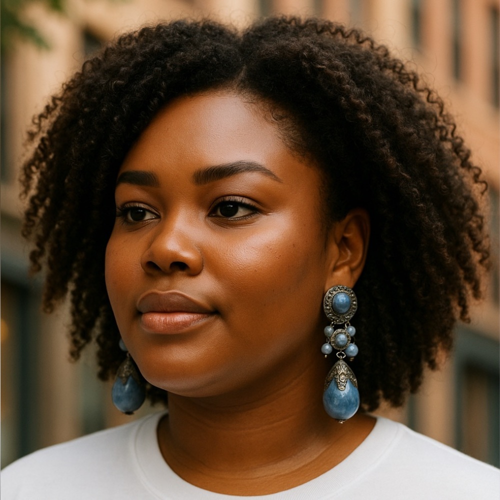 Vintage Pewter Clip On Earrings Denim Blue Marbled Bead Dangle Statement